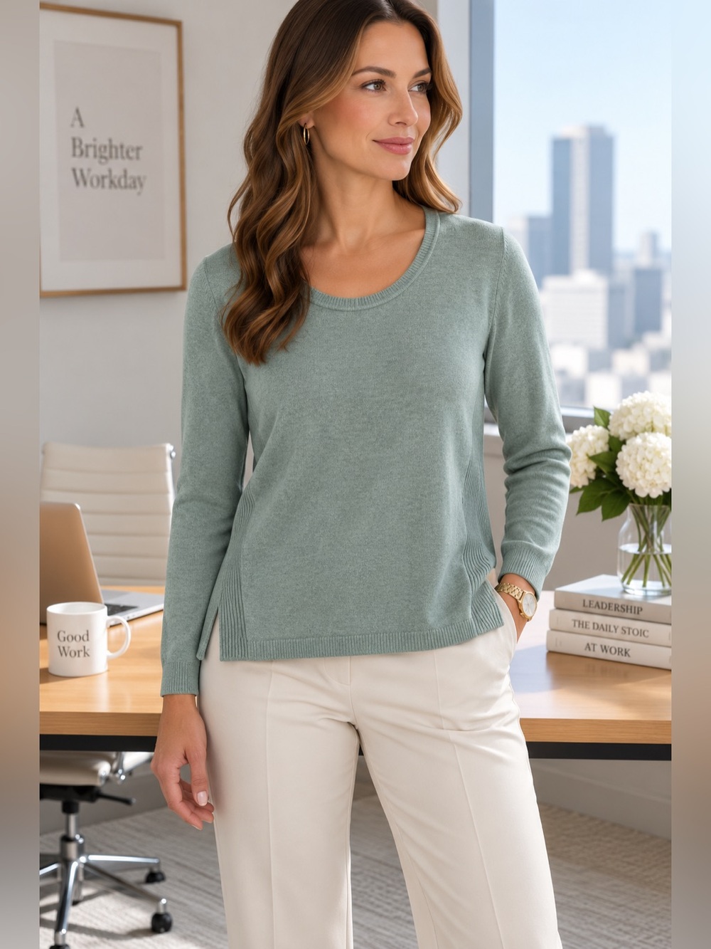 Women's Scoop Neck Lightweight Sweater - Sage Green small P